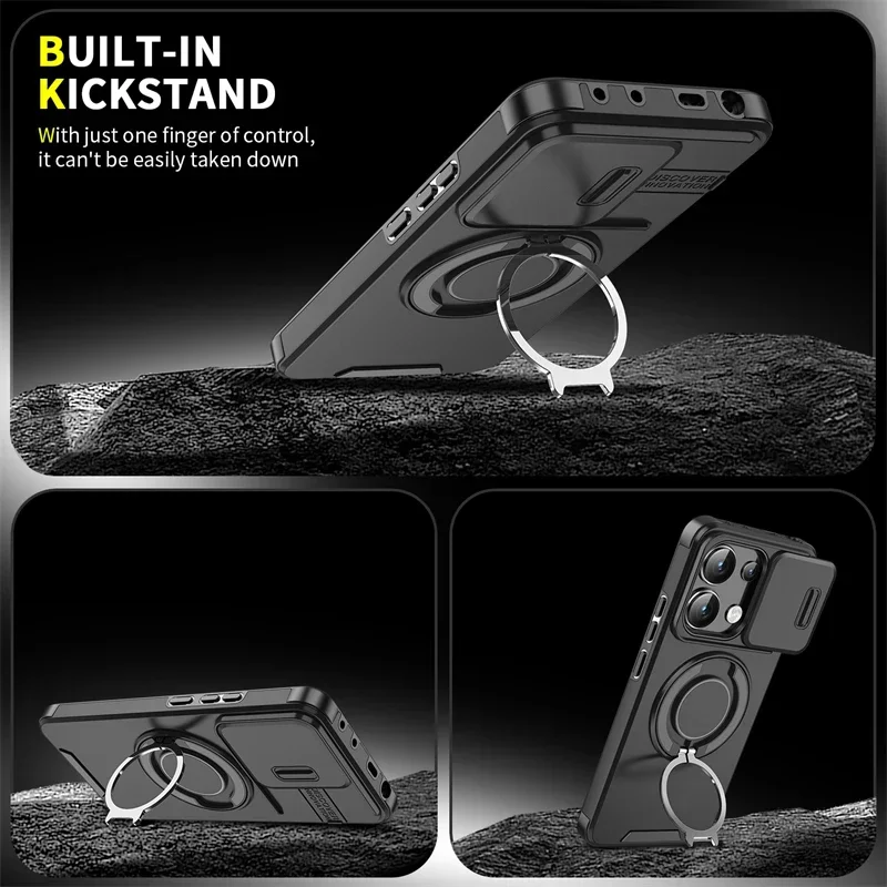 For Redmi Note 13 4G 14Pro Plus 5G Xiaomi 14T Pro Case Rugged Armor Plastic TPU Frame Magnetic Ring Holder Slide Camera Cover