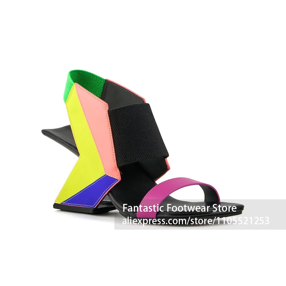 Multicolor Color Blocking Asymmetrical Heel Sandals Elastic Ankle Strap Open Toe High Heel Sandals Summer Festival Heel Sandals view 6