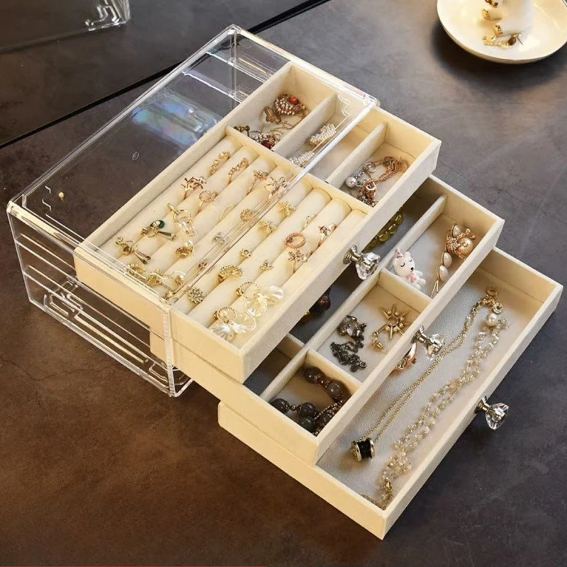 Moderne Acryl-Schmuck-Organizer-Box, 3-stöckig, staubdicht, Vitrine für Ringe, Halsketten, Ohrringe, Schmuckaufbewahrung und Verpackung