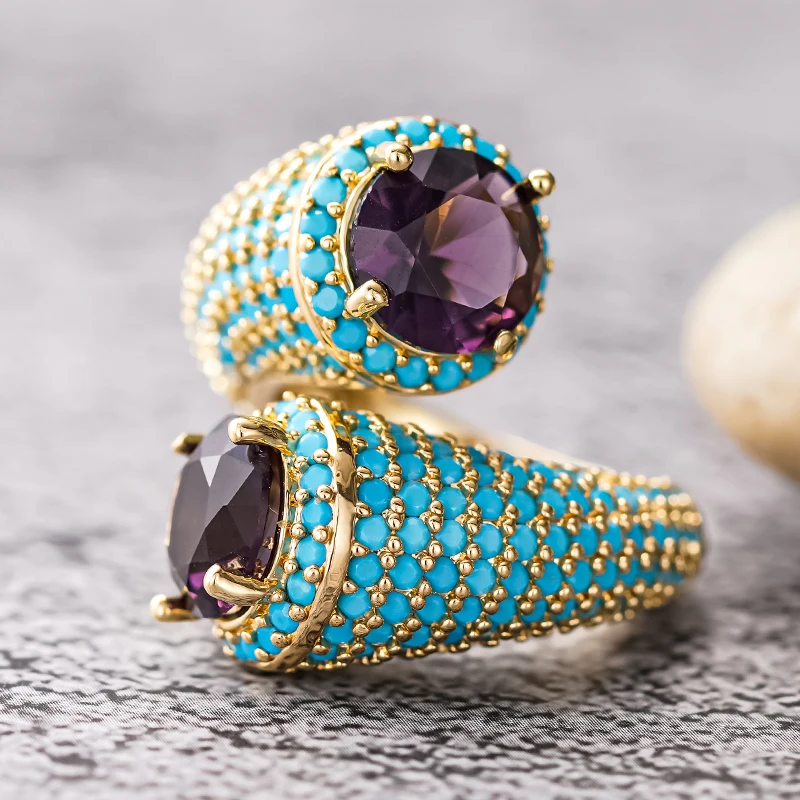 Huitan Bohemia Blaue Türkisringe für Frauen Luxuriöse Charmante Lila Kubische Zirkonia Goldfarbene Ringe Täglicher Party-Schmuck Geschenk – Detail 4
