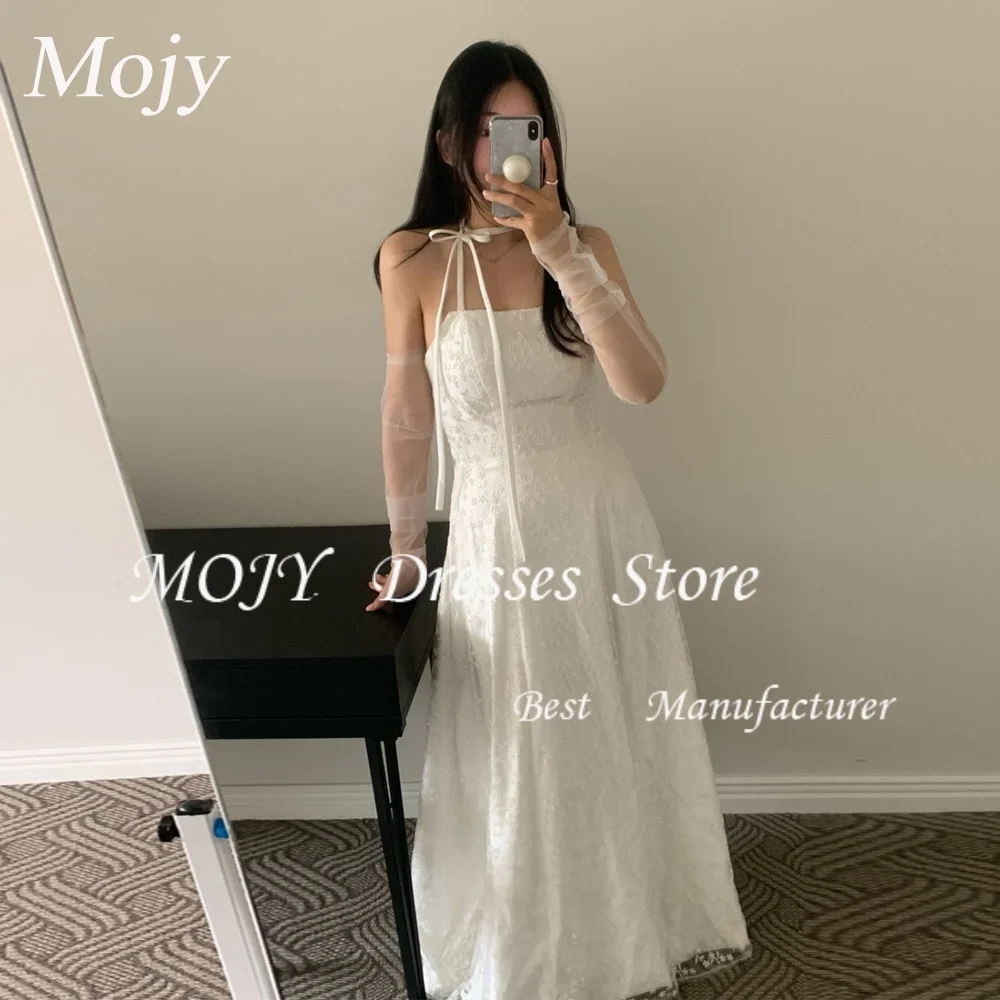 

Mojy Elegant Ivory A-Line Korea Wedding Dress Photo Shoot Classic Lace Spaghetti Strap Formal Gowns Customized 웨딩드레스