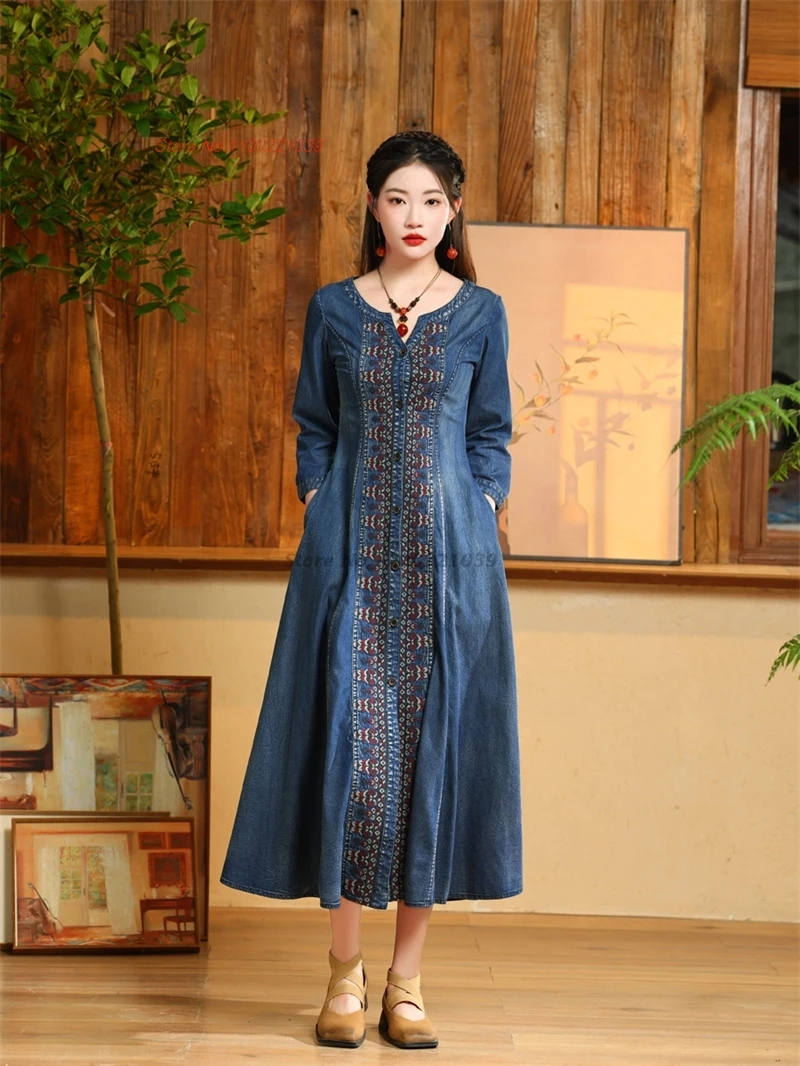 2024 chinese traditional dress national flower embroidery v-neck denim dress vintage folk a-line dress feminino retro streetwear