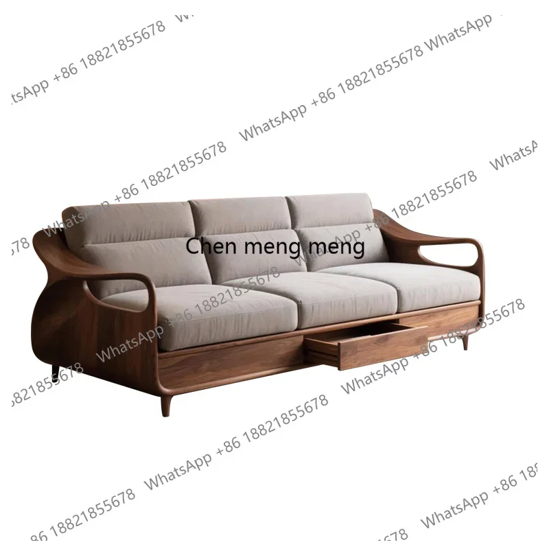 A139 New Chinese-style solid wood straight-row sofa, high-end walnut fabric in living room, three or four people with storage