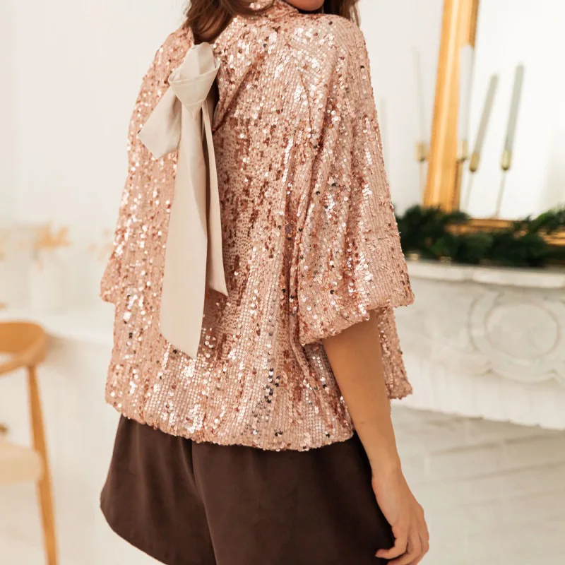 

Ashion однотонная блузка с полувысоким воротником, женская повседневная свободная рубашка с коротким рукавом для вечеринок, элегантные уличные рубашки с блестками и блестками