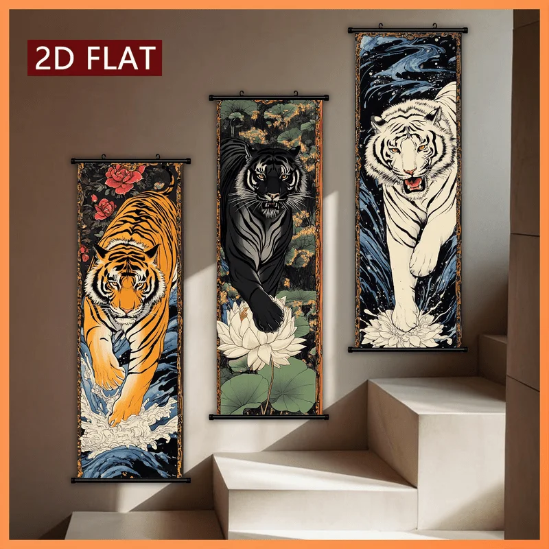 VIKAMA “Fierce Beast Tiger” Scroll Tapestry, Vertical Wall Hanging with Artistic Tiger, Lotus, and Peony Print, Wall Decor