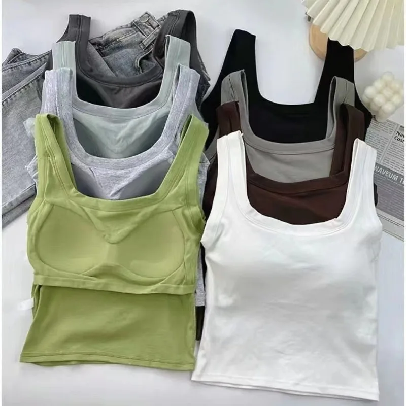 

Pure Cotton Square Neck Vest for Women with Chest Pad and Integrated Sling Bottoming Sexy Short Top Tank Top Women Wholesale