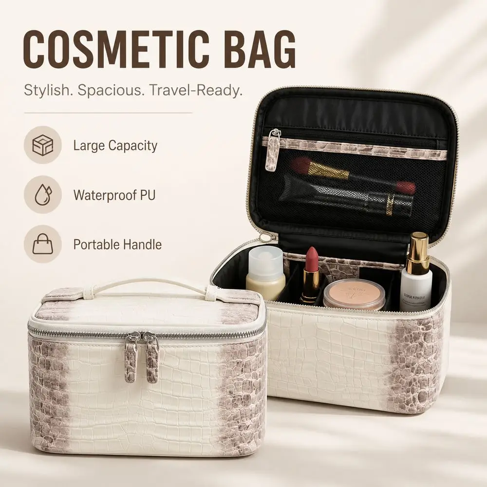 Cosmetic Storage Case Makeup Bag PU Leather Multiple Compartments Cosmetic Organizer Bag Crocodile Embossed Double Zipper