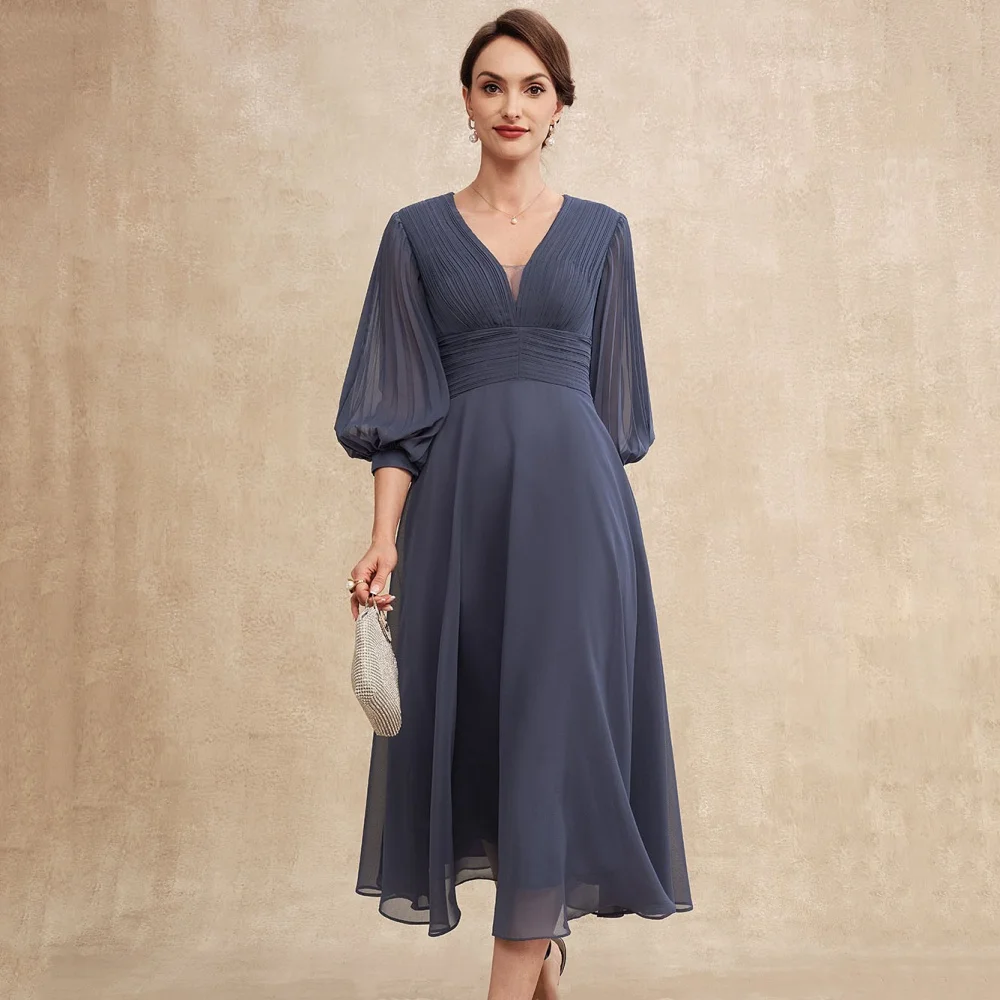

Customized Mother of the Bride Dress A Line V Neck Wedding Guest Gown Simple Chiffon Tea Length Evening robe mother of bride
