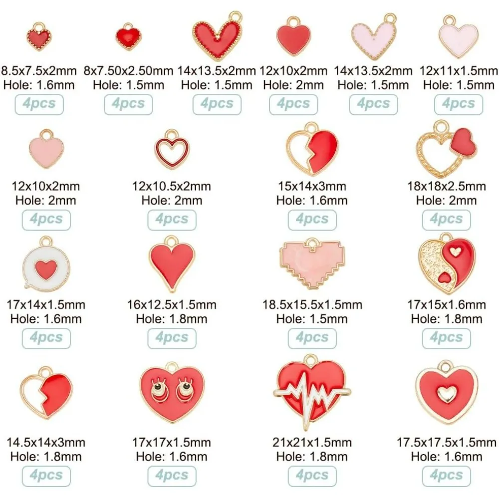 72 Pcs Heart Shape Enamel Pendant, Assorted Love Shaped Valentine’s Day Heart Charms Alloy Heart Dangle Charms Kit for Love