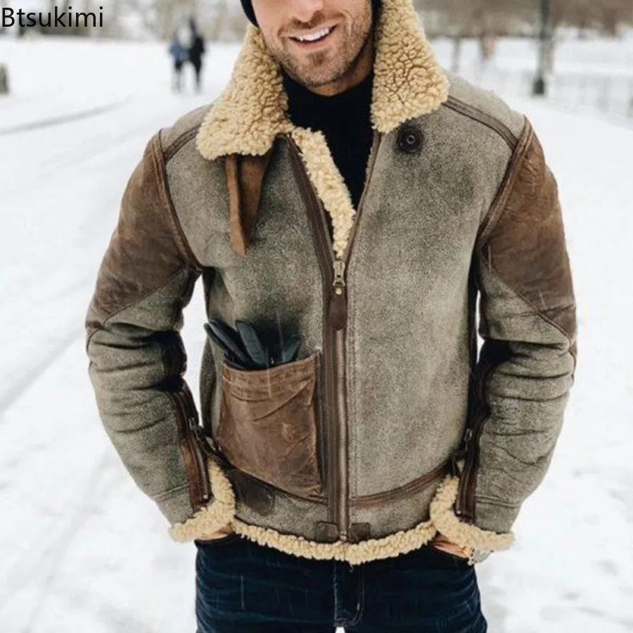 

Men's Winter Thick Jacket Warm Faux Leather Warm Coats Fashion Turn Down Collar Contrasting Color Suede Fur One-Piece Jackets