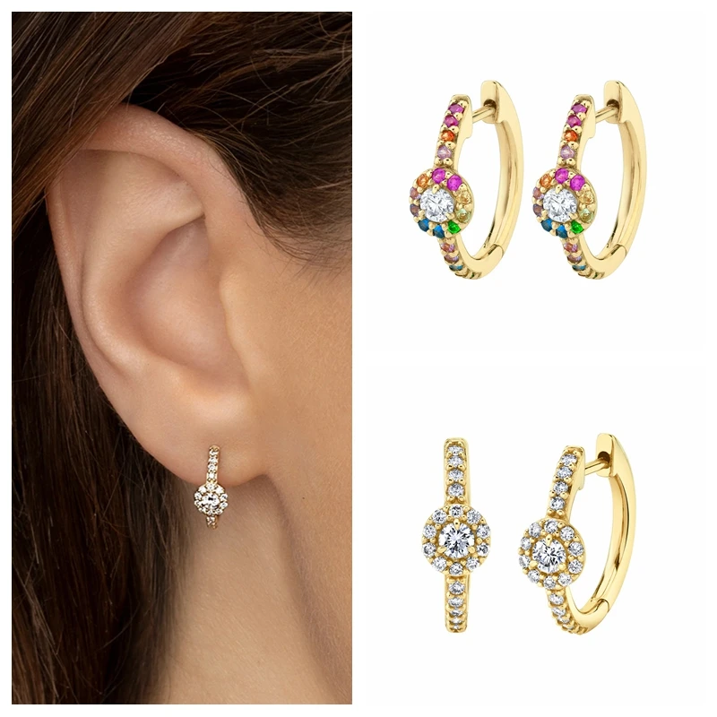 

925 Sterling Silver Ear Buckle Gold Color Hoop Earrings Fashion Colorful Zircon Huggies Earrings Birthday Party Jewelry Gifts