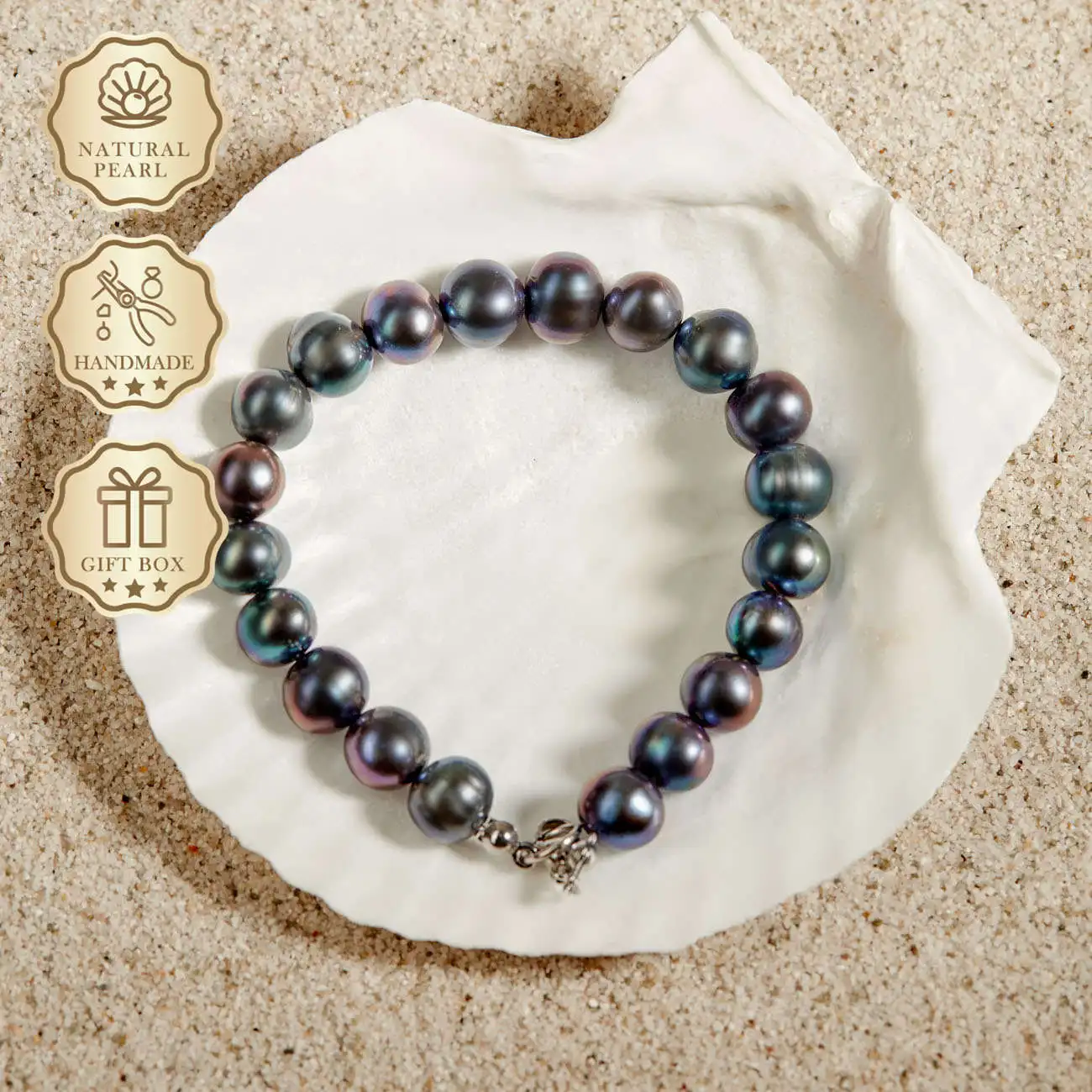 

MYSOYA Iridescent Freshwater Pearl Bracelet 9–10mm with Silver Lobster Clasp, Gift Box, Perfect Birthday & Anniversary Gift