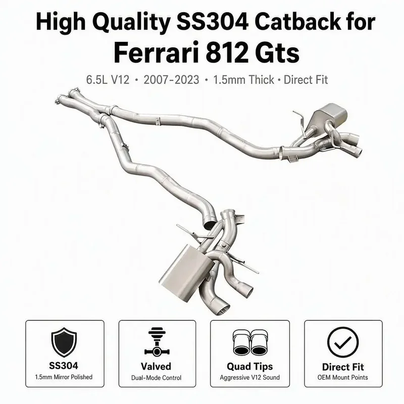 For Ferrari 812 GTS 2007-2023 V12 6.5L SS304 Premium 1.5mm Rear Catback Exhaust Muffler Racing Exhaust System Tuning Parts Kit