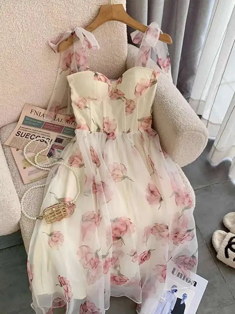 

Summer White Mesh Fairy Dress Woman French Vintage Ral Print Princess Prom For Women Beach Holiday Maxi Dresses 2025