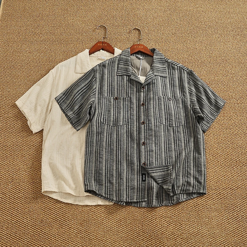 

4XL Retro High Street Cuban Collar Short Sleeve Shirt for Men Loose-Fit Casual Summer Shirt Jacquard Pattern Cotton-Linen Blend