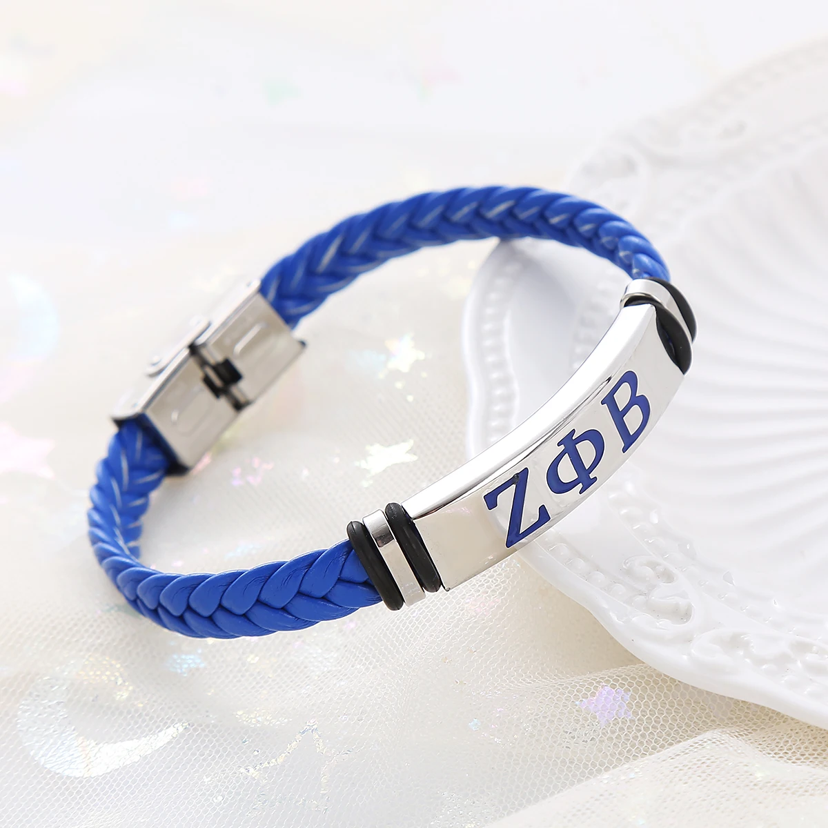 New Arrival Blue Leather Stainless Steele Engraved Greek Letter Zeta Phi Beta Sigma Gamma Rho Bracelet Bangles For Lady