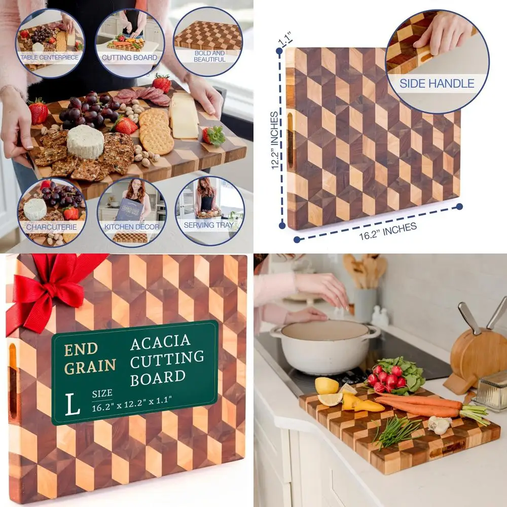 

Reversible Acacia Wood End Grain Cutting Board - Large Checkered Butcher Block with Handles for Prep, Serving, and Charcuterie