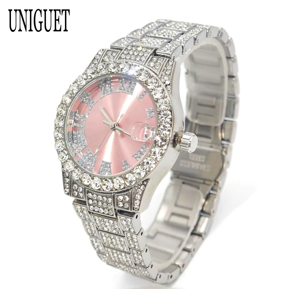 

Luxury UNIGUET Womens Watches Fashion Hip Hop Iced Pink Diamond Small Dial Waterproof Quartz Jewelry Ladies Wristwatch Hot New