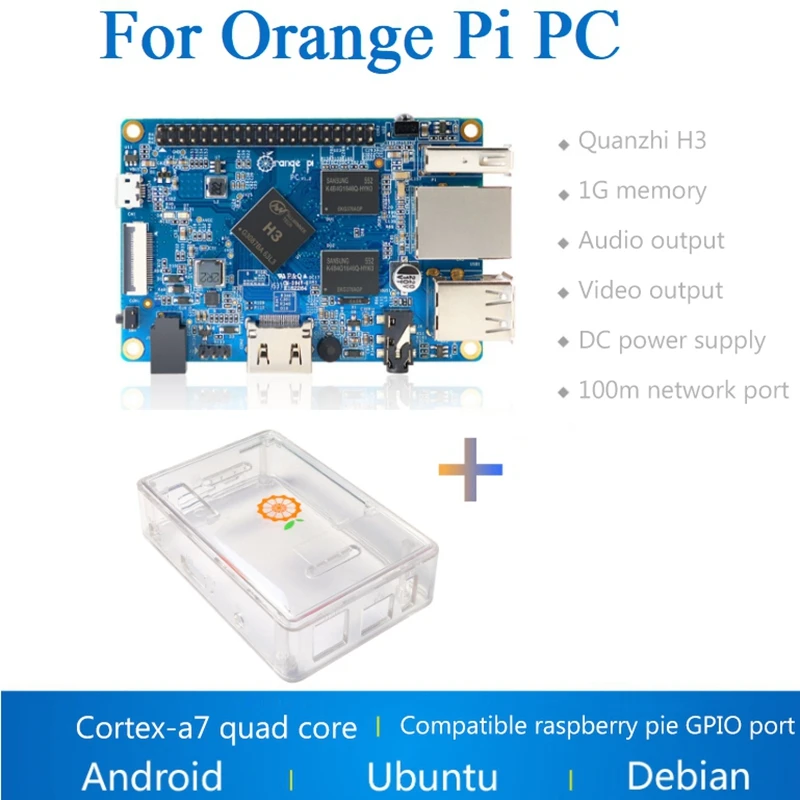 For Orange Pi PC H3 Board 1GB DDR3+Transparent Case Cortex-A7 Quad Core Support Android4.4/Ubuntu/Debian Systems