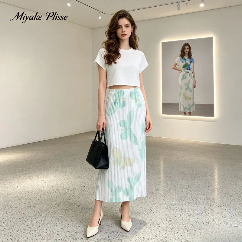 Miyake Pleated 2026 Simple Fashion Pleated Butterfly Print Midi Skirt for Women Autumn High Waist Casual Skirt for Women Pleat