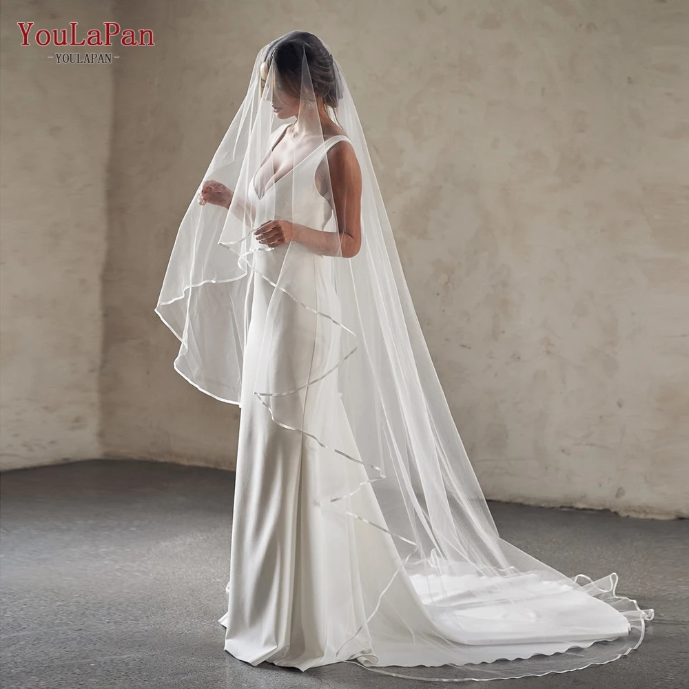 YouLaPan V97L Ribbon Edge Wedding Veil with Blusher Bridal Veils Wedding Cathedral Mantillas De Novia Cover Front and Back