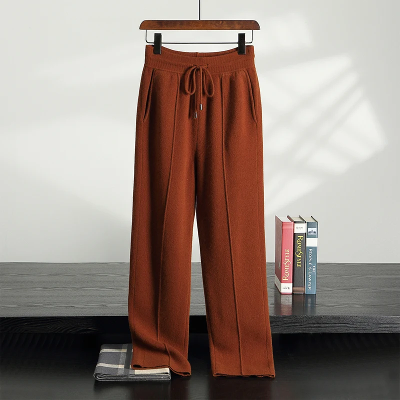 

CHICUU Men's 100% Wool Knitted Wide Leg Pants Autumn Winter Thick Warm Smart Casual Cashmere Knit Trousers High Quality