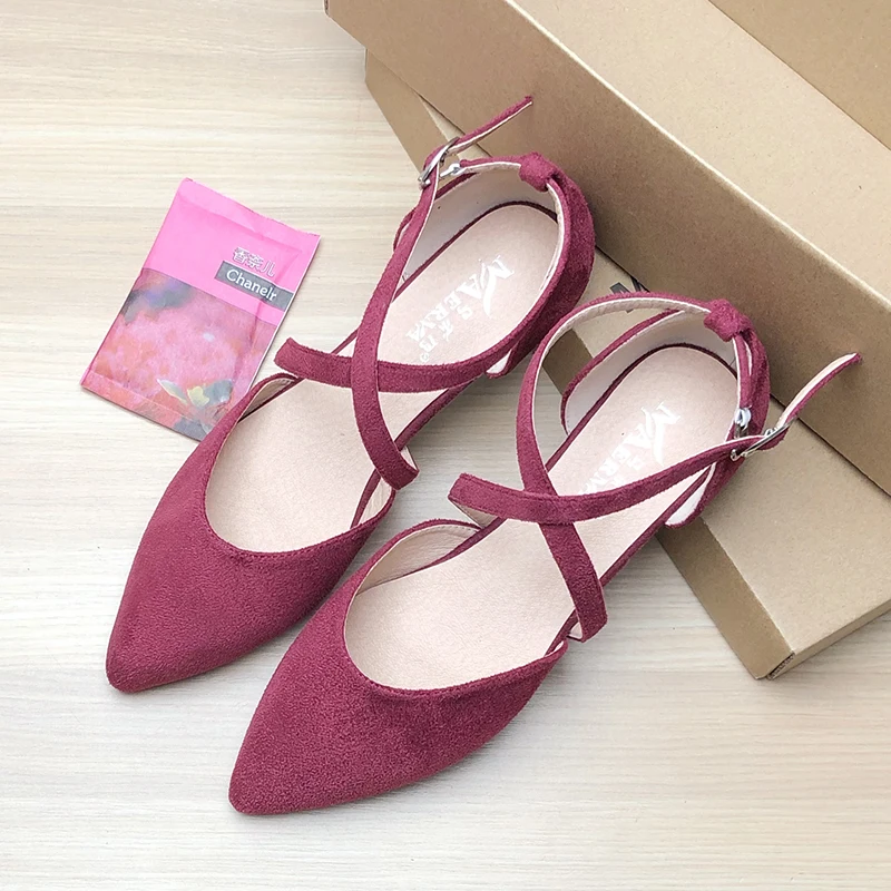 Women Flat Shoes Wine Red Black Apricot Pointed Flats for Women Size 33-43 Cross Strap Basic All Match Zapatos Planos De Mujer