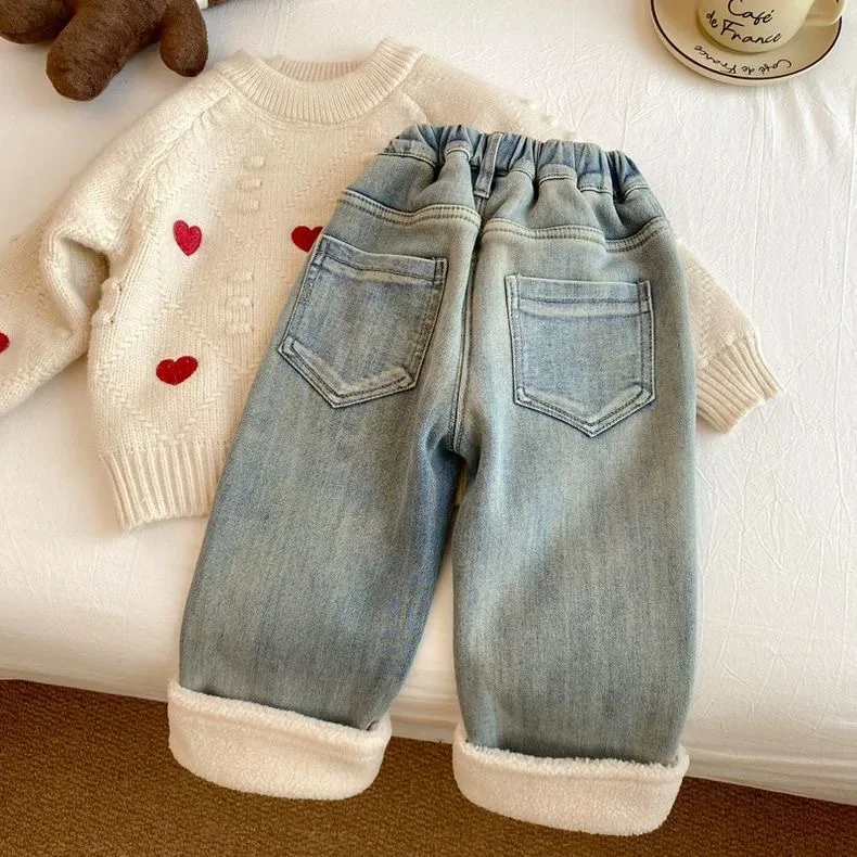 الفتيات الخريف الشتاء مستقيم الجينز الاطفال صوف مبطن بنطال ذو قصة أرجل واسعة القطن الخالص رشاقته الدافئة المتسكعون السراويل الاطفال الملابس