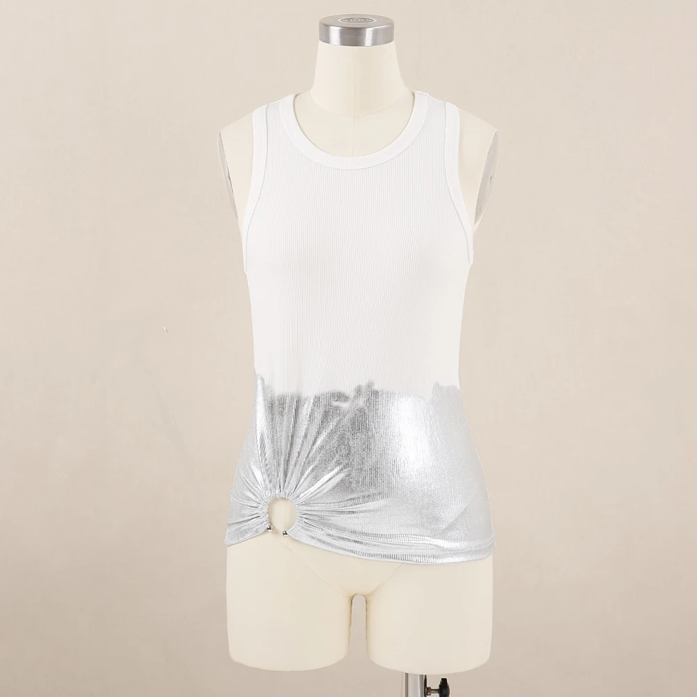 

Threaded Cotton Women's Vest Y2k Pleated Coated Silver Metallic Loop Button Embellished Crew Neck Knit Top 2025 Summer New
