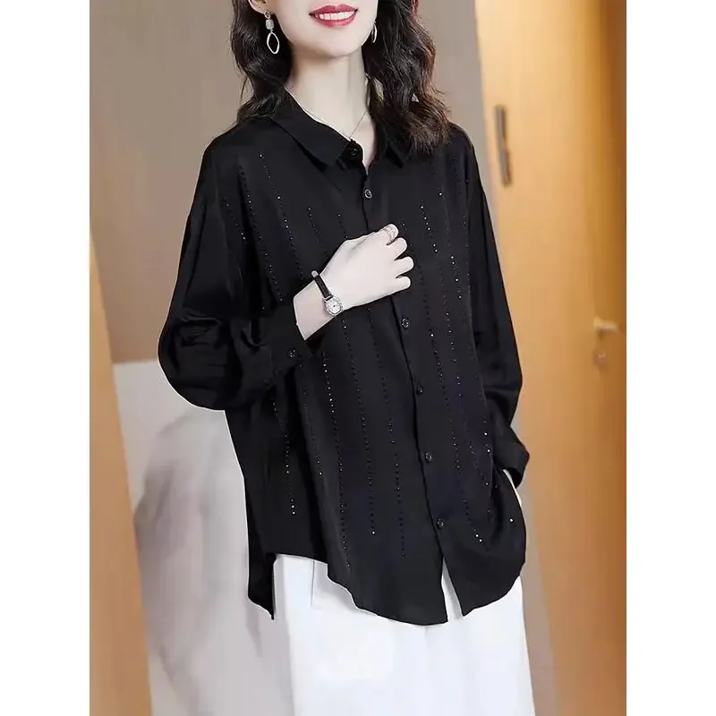 

Women's Summer Splicing Polo Collar Button Diamonds Fashion Solid Minimalist Casual Loose Long Sleeve Blouses Shirts E9251