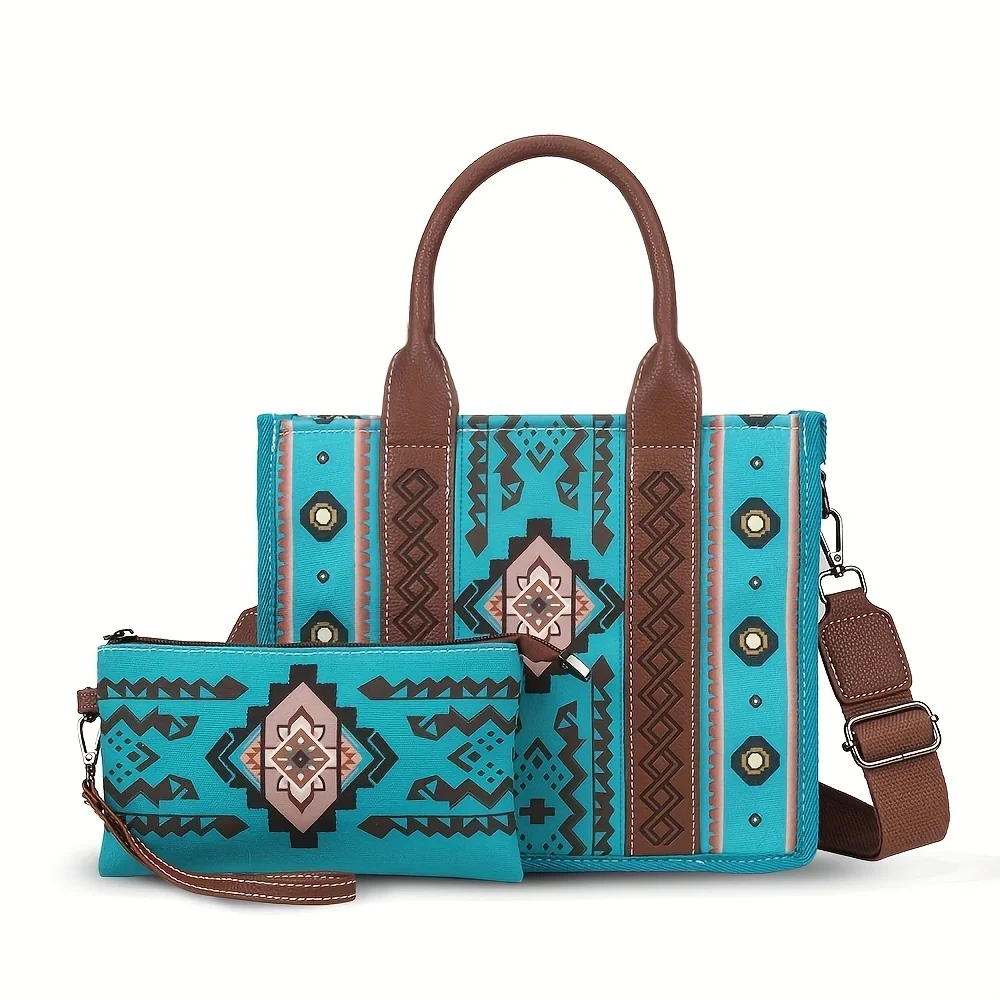 

2pcs/set Retro Top Handle Tote Bag, Bohemian Style Shoulder Bag Satchel with Purse，Vintage Style for Beach Summer Vacation