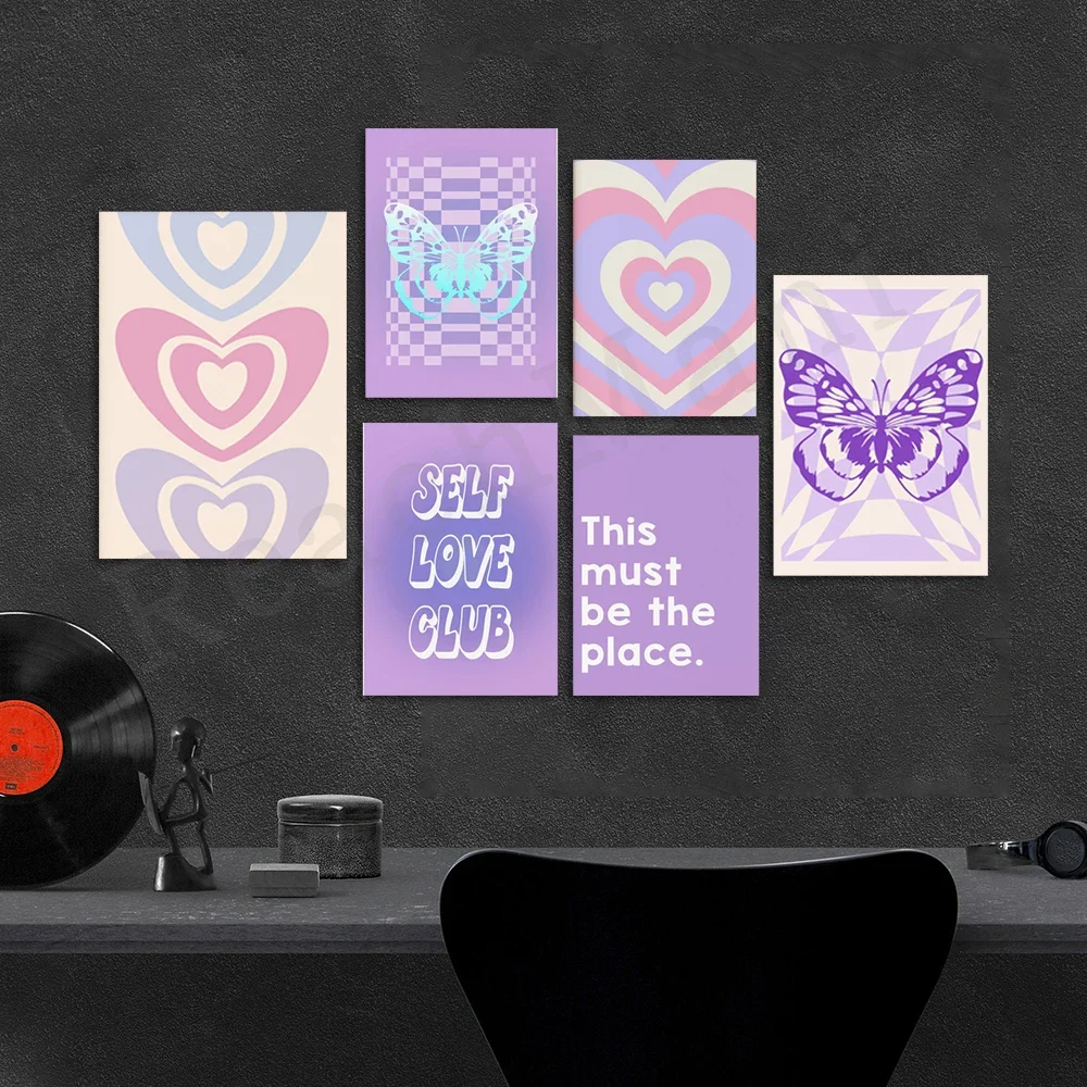 Danish pastel, self love club, blue butterfly, wavy plaid psychedelic print, flower market, y2k aesthetic decorative poster