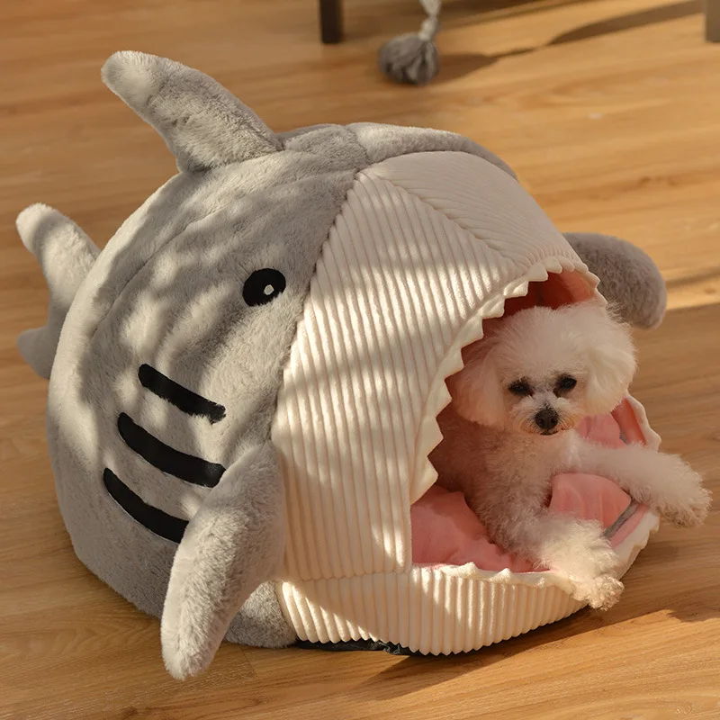 

New Big Mouth Shark Pet Nest Semi-closed Cute Deep-sea Cat House Four Seasons Universal Dog Mattress High-elastic PP Cotton