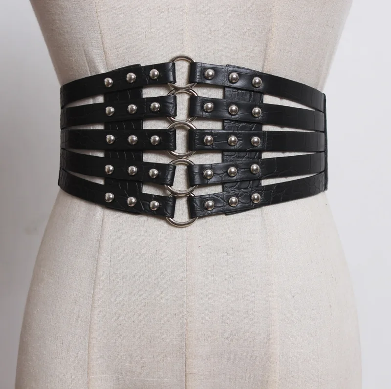 Women Elastic Waistband Hollow Punk Personality Rivets Waistband Extra Wide Ladies Belt Decorative Dress Elastic Waistband 2024