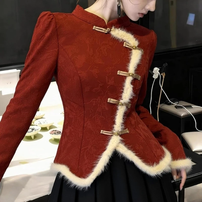 

2025 Winter Fall Women Stand Collar Fur Pachwork Vintage Velour Top Shirt , Woman Clothing Irregular Velvet Tops Shirts