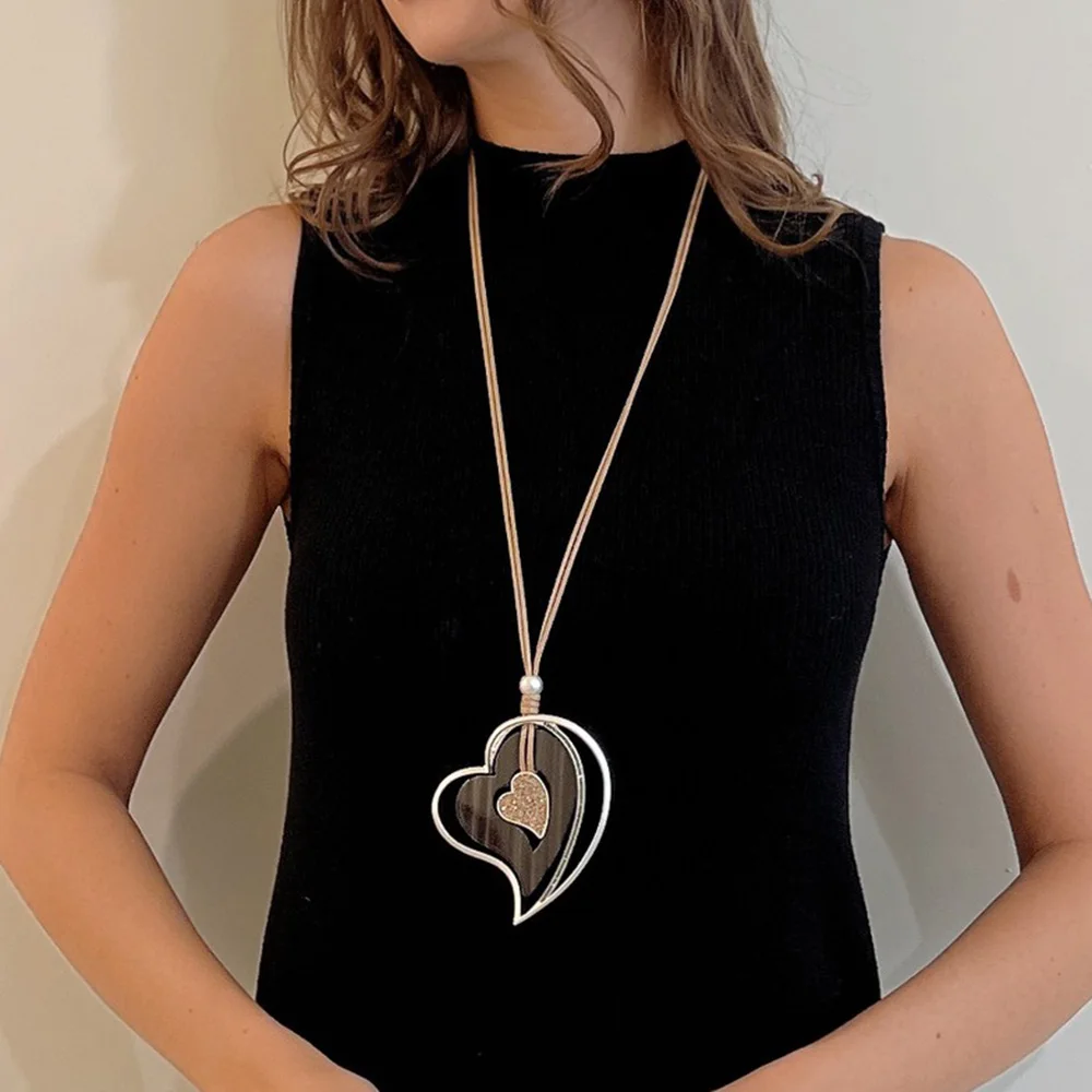 ALLYES Fashion Multilayer Love Heart Pendant Necklace for Women Vintage Long Rope Chain Collares Necklaces Jewelry Accessories