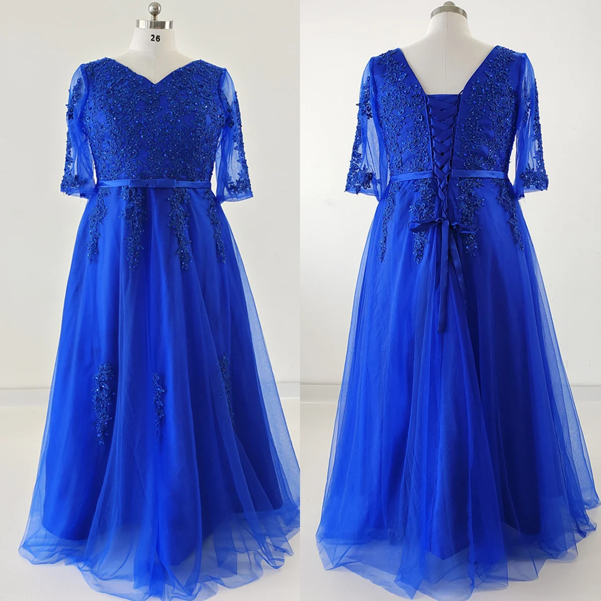 

Real Photo Evening Dress Royal Blue Beading V-Neck Robe De Soiree Half Sleeves A-line Floor Length Plus size Party Formal Gowns