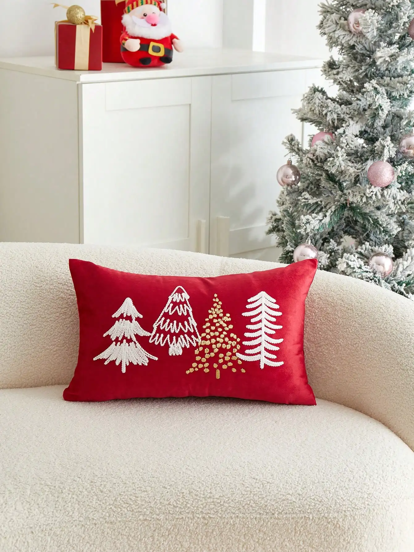 

1pc Red Xmas Tree Embroidered Cushion Cover No Insert