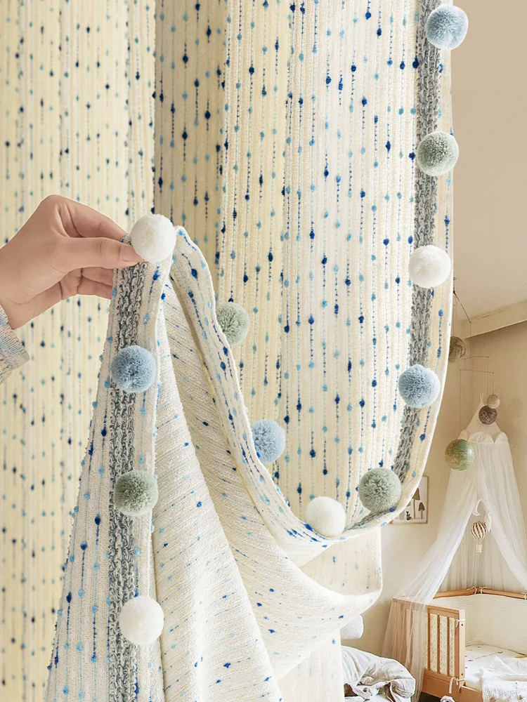 Modern Blue Beanie Lace Curtains Colorful Dopamine Children's Room Boys and Girls Cute Cream Style Semi-Shading Curtain Custom