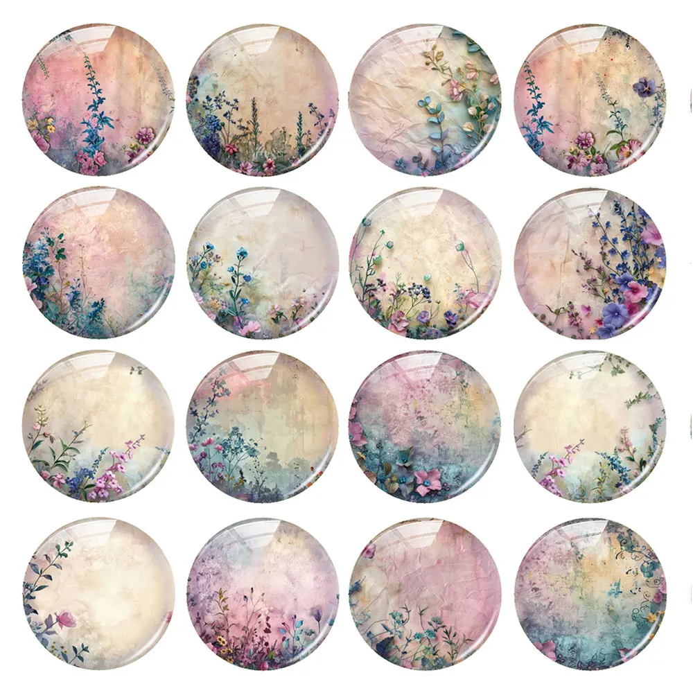 

Handmade Retro Pink Blue Flower Plants Round Photo Glass Cabochon Flatback Demo Flat Back Cameo For Diy Jewelry Making
