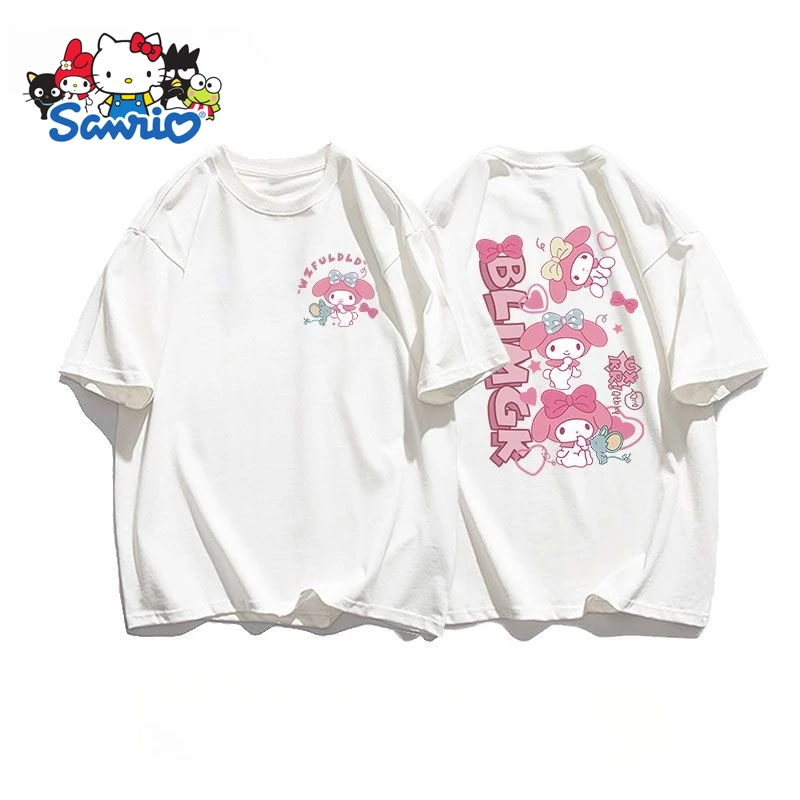 سانريو بلدي ميلودي الوجهين تي شيرت مطبوع الصيف القطن المرأة حجم كبير تي شيرت Y2K ريترو فضفاض عادية قصيرة الأكمام