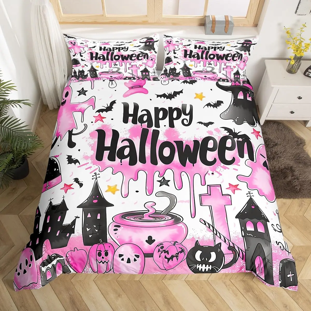 

Happy Halloween Duvet Cover Double Stars Bat Ghost Cat Pumpkin Comforter Cover Cartoon Holiday Pink Purple Graffiti Quilt Cover