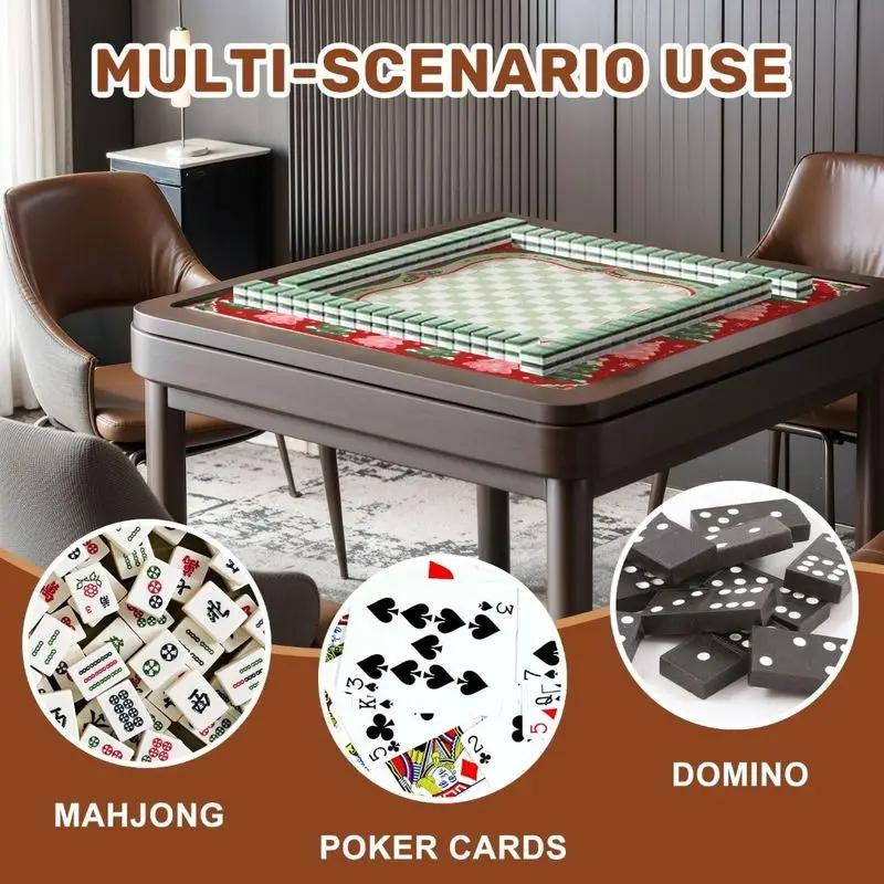 VIKAMA Christmas Mahjong Mat Red Border Pink Green Xmas Tree Snowflake Print Durable For Living Room Game Night Family Decor