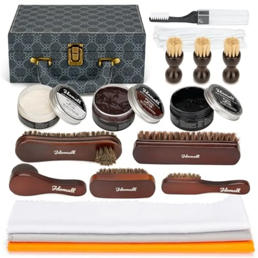 

Shoe Care Kit - 16pc Blue: Premium Deluxe Shoe Polish Kit - Black Brown and Neutral Polish Horsehair Brushes Buffing Cloth and