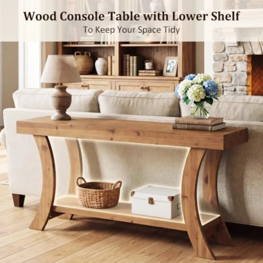 Farmhouse solid wood console table for living room, natural wood color, spacious storage shelf and rustic charm view 5