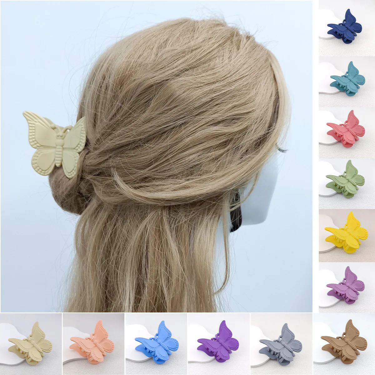 Cute Women Girl Young Fashion Gift Back Head Clips Hairpin Candy Color 7.5cm Frosted Antenna Butterfly Plastic Gripper Hair Claw