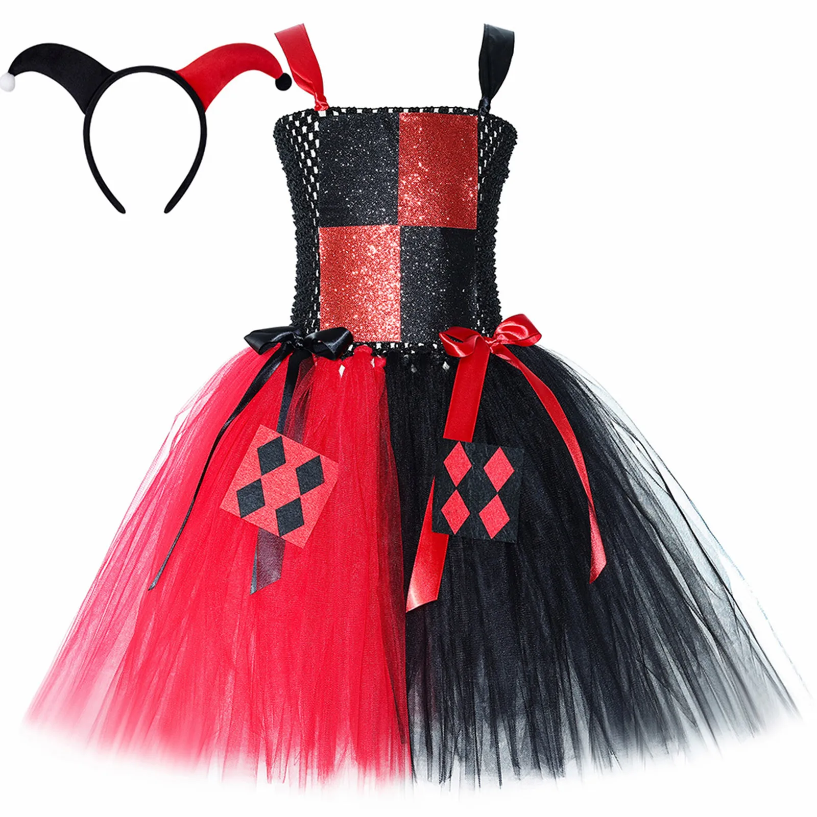Girls Halloween Cosplay Queen Gown Tutu Dress Circus Clown Costume Hollow Out Patchwork Puffy Dress Christmas Birthday Party Set