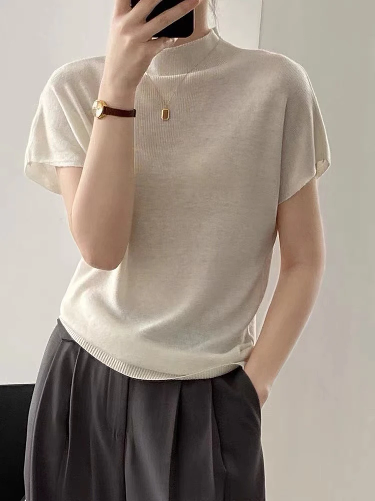 

Women’s Flying Sleeves Tank Fine Imitation Wool Knitted Vest Tops Spring Summer Half High Collar Soft Solid Thin Style Camisole