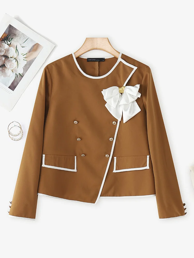 ZANZEA Elegante Blazer Herfst Double Breasted Lange Mouw Jassen Vrouwen Mode Boog Kantoor Bovenkleding 2025, Casual Straat Jassen