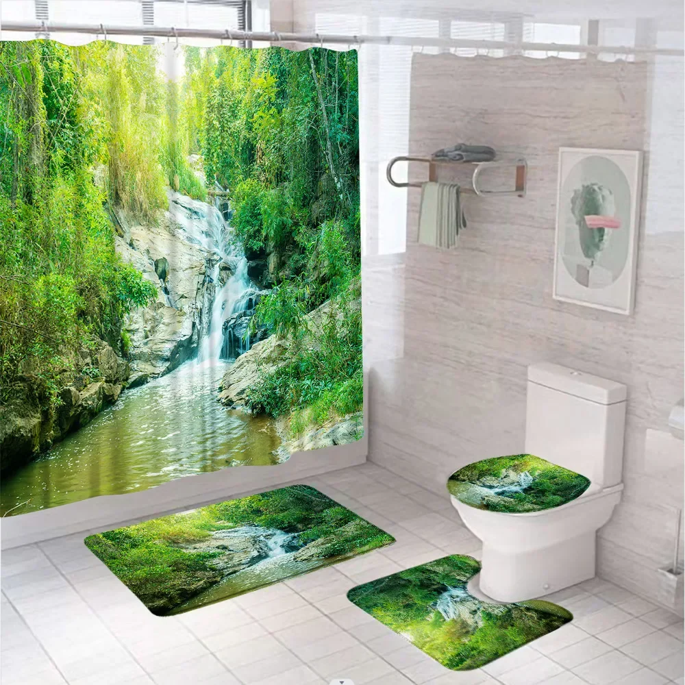 Waterfall Forest Waterproof Shower Curtains Set Natural Scenery Bath Curtain Rainforest Landscape Bathroom Mat Rug Toilet Cover